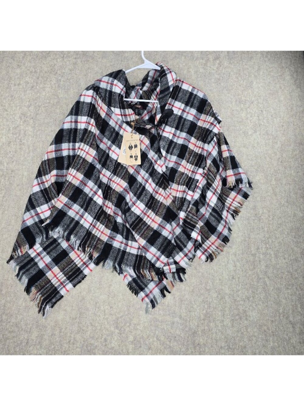 Altare Black Plaid Acrylic Fringed Cape Poncho With Toggle Closure And Tags